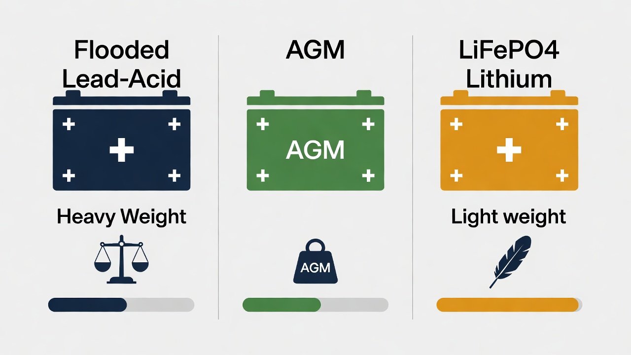 Illustrated comparison of three trolling motor battery types — flooded lead-acid, AGM, and LiFePO4 lithium — showing weight and cycle life differences