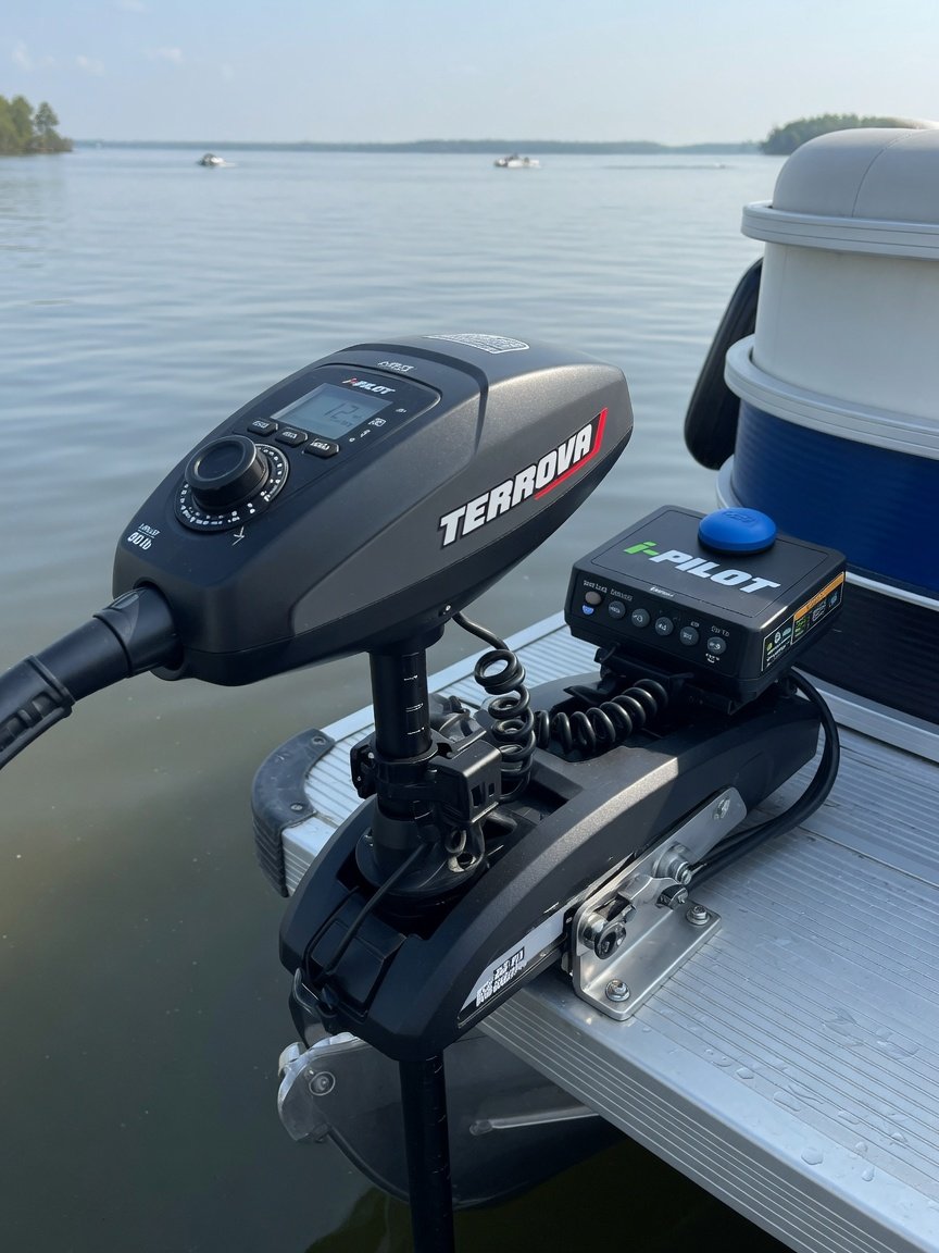 Close-up detail shot of a Minn Kota Terrova bow-mount trolling motor head unit on the bow of a pontoon boat, GPS