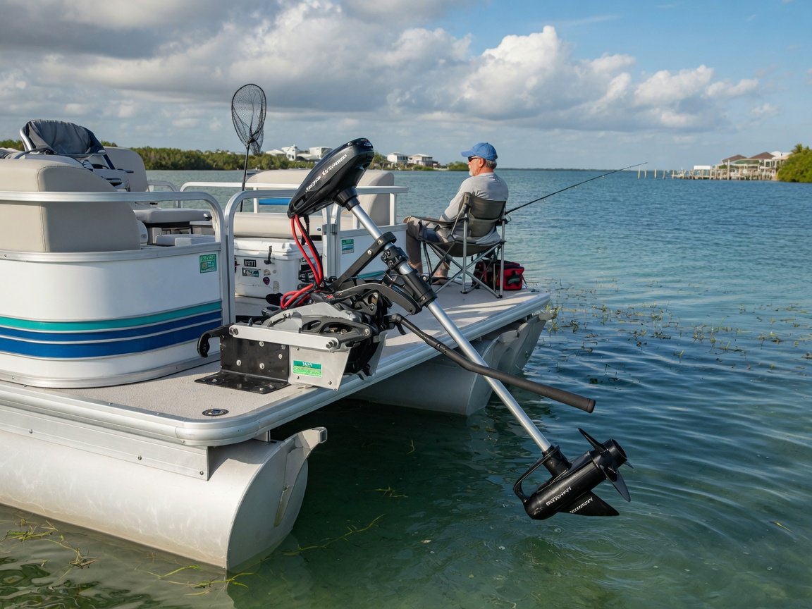 Newport Vessels NV-Series electric trolling motor mounted cleanly on the transom of a pontoon boat on a coastal Florida