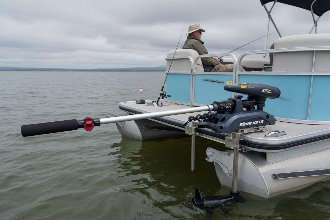 80-pound-thrust electric trolling motor mounted on the transom stern rail of a fishing pontoon on a large reservoir