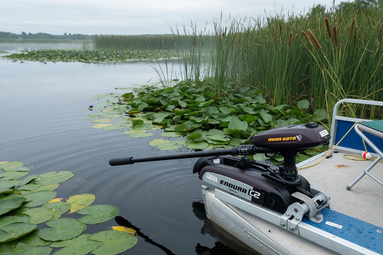 Minn Kota Endura C2 trolling motor mounted on the transom of a small 14-foot pontoon on a calm freshwater lake