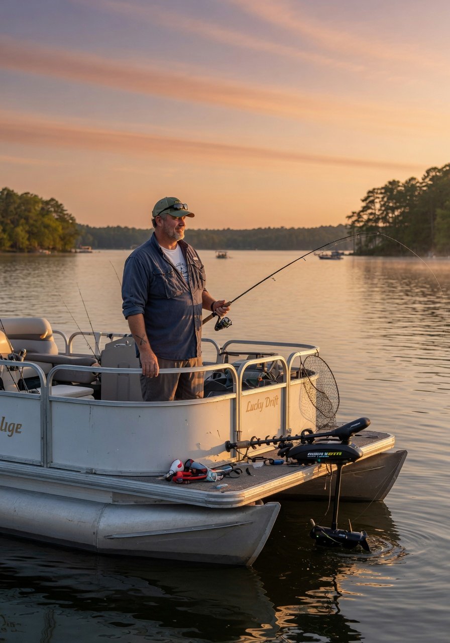 Experienced male angler in his 50s standing at the bow of a 20-foot pontoon boat on a large freshwater lake at golden