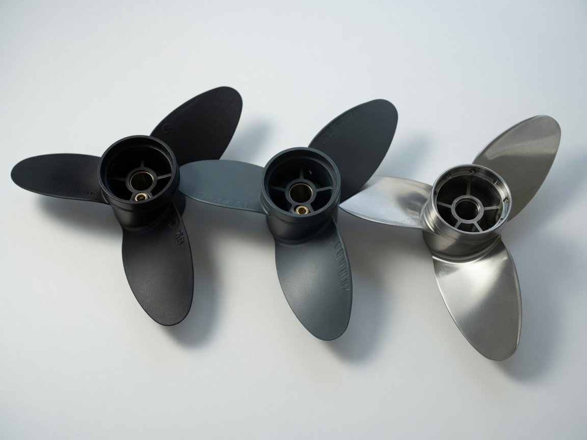 Three trolling motor propellers side by side showing 2-blade, 3-blade composite, and 3-blade stainless steel