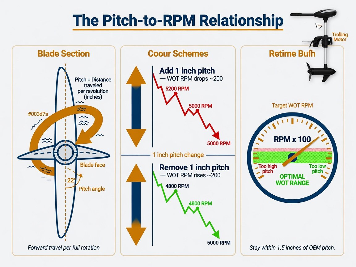 Infographic showing how propeller pitch affects trolling motor RPM with 1-inch pitch change annotation