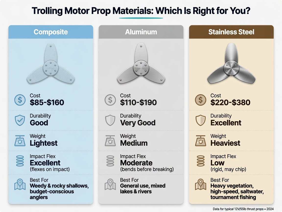 Trolling motor propeller material comparison infographic showing composite vs aluminum vs stainless steel properties