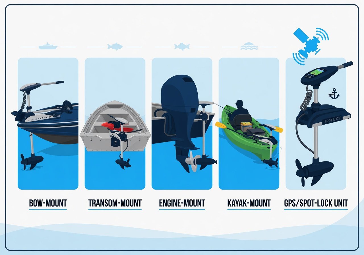 Diagram showing five types of trolling motors: bow-mount, transom-mount, engine-mount, kayak, and GPS models