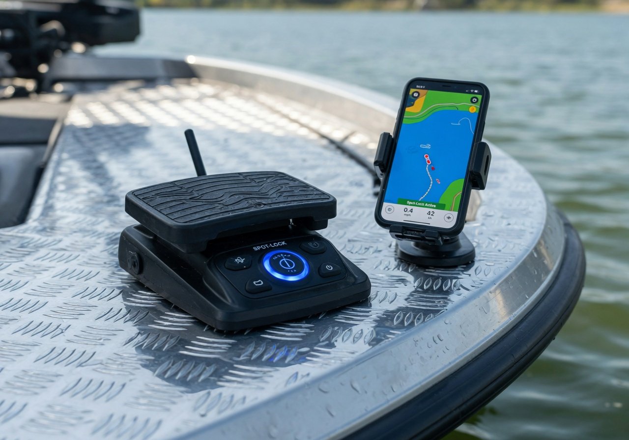Close-up of trolling motor GPS Spot-Lock control interface and foot pedal on a bass boat