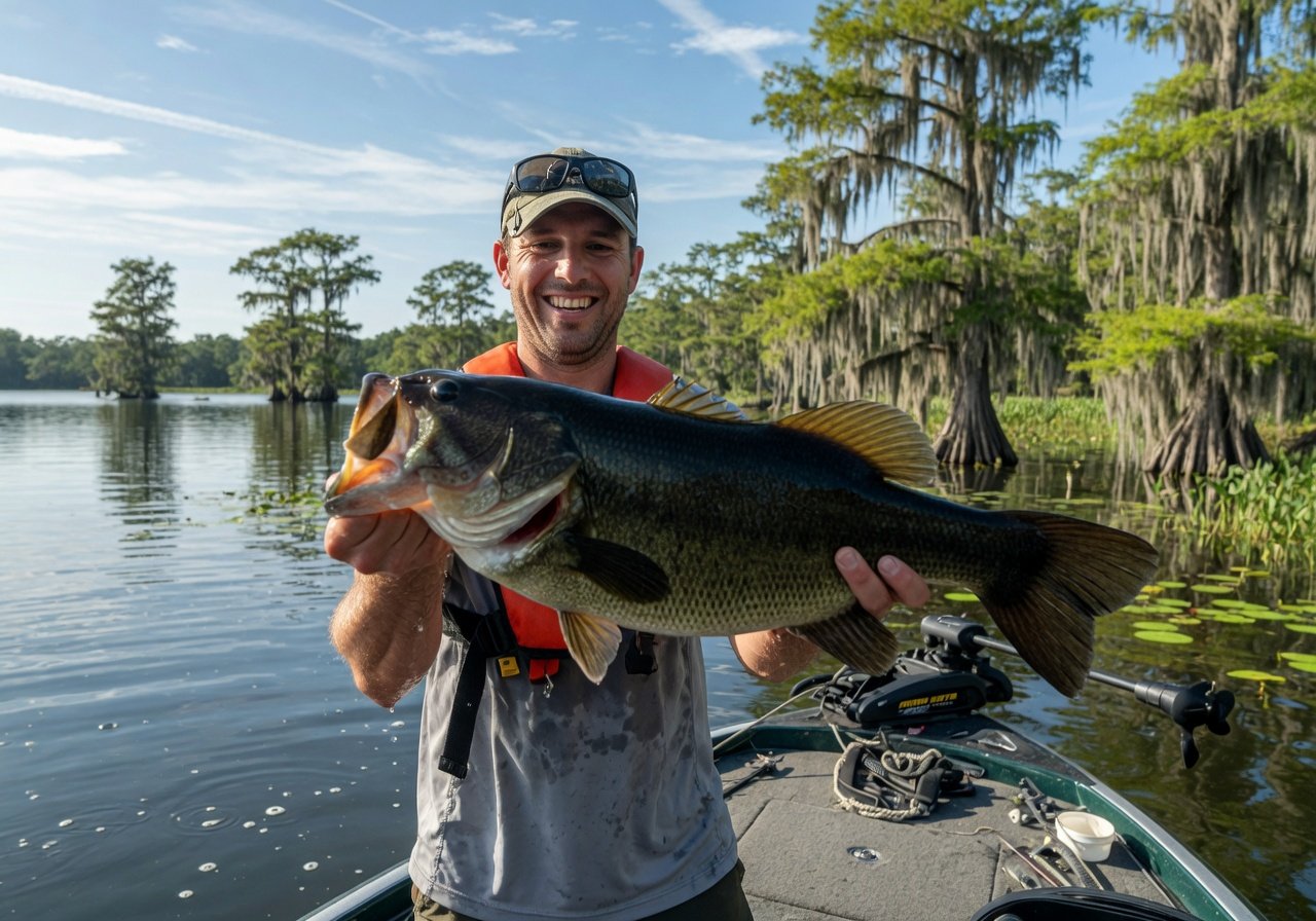 Angler successfully landing a largemouth bass caught using a GPS trolling motor on a Florida lake