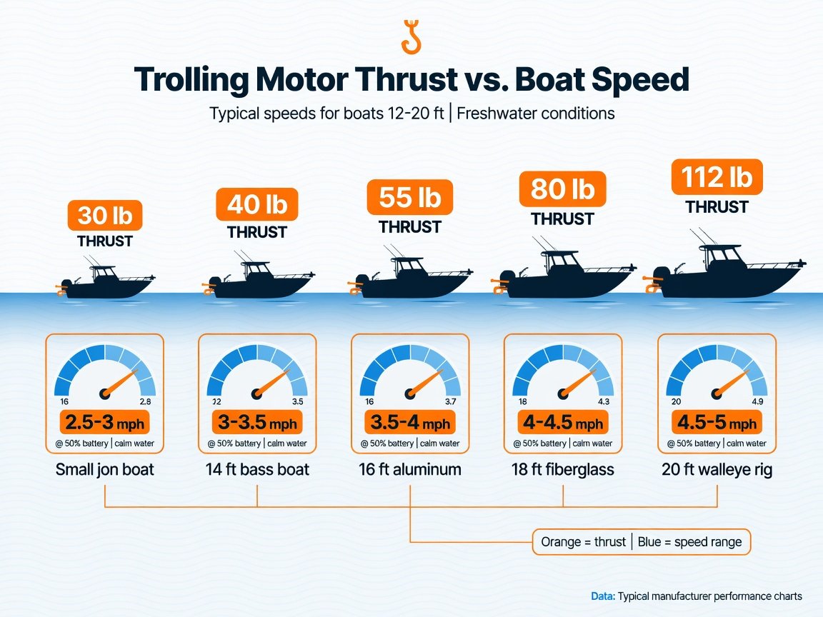 Trolling motor thrust rating speed comparison chart showing 30 to 112 lb thrust performance ranges