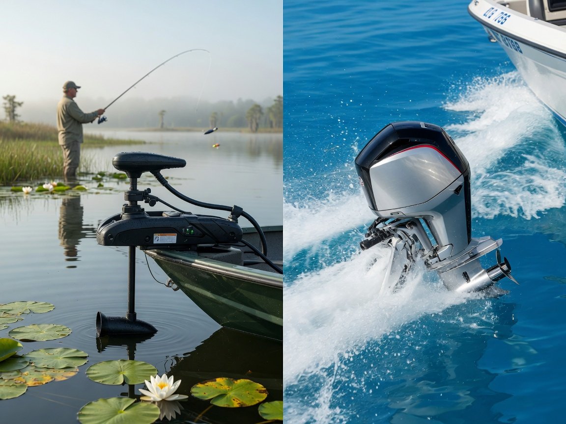 Side-by-side comparison of electric trolling motor and gas outboard motor on fishing boats
