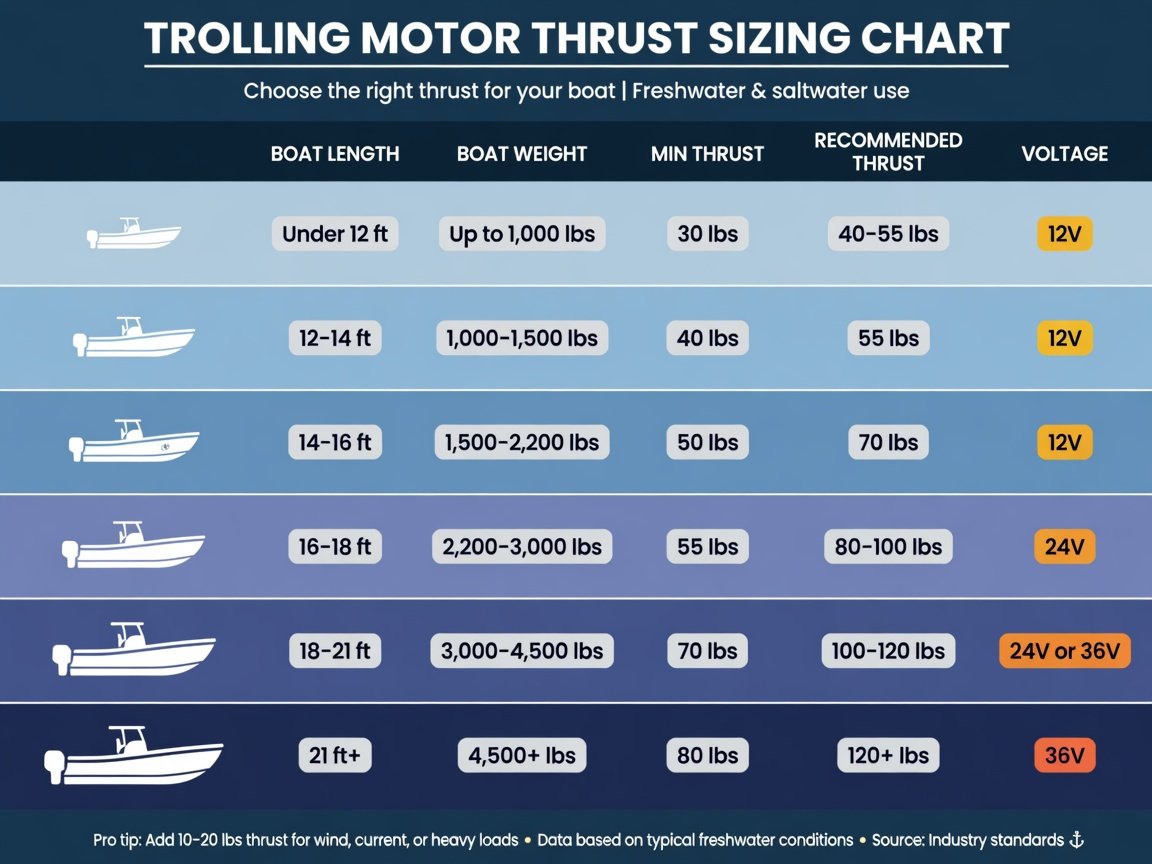 Trolling motor thrust chart comparing boat length weight and required thrust pounds for 2026