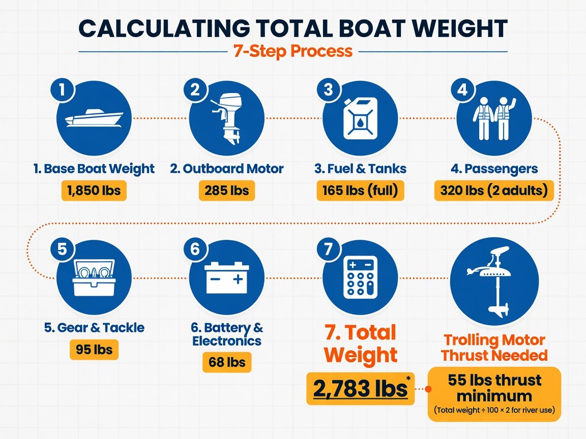 Step by step diagram showing how to calculate total boat weight for trolling motor sizing