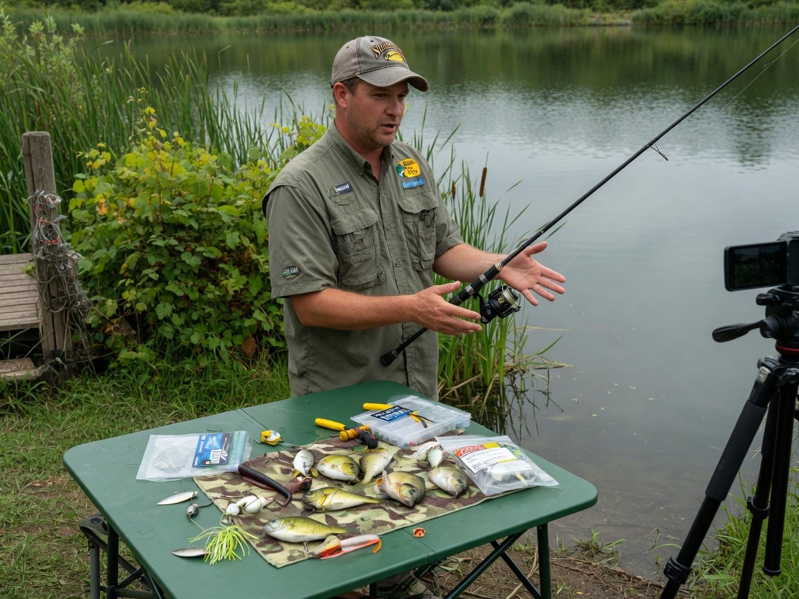 Fishing content creator filming an outdoor gear review video beside a freshwater lake with camera and lures