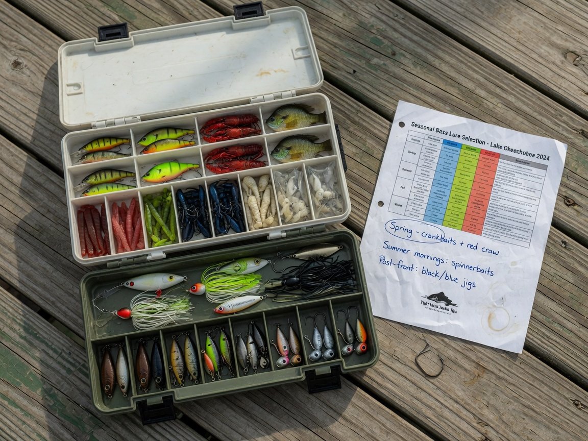 Open tackle box with bass lures organized by season and water temperature, Bass Lures Cheatsheet printout beside it